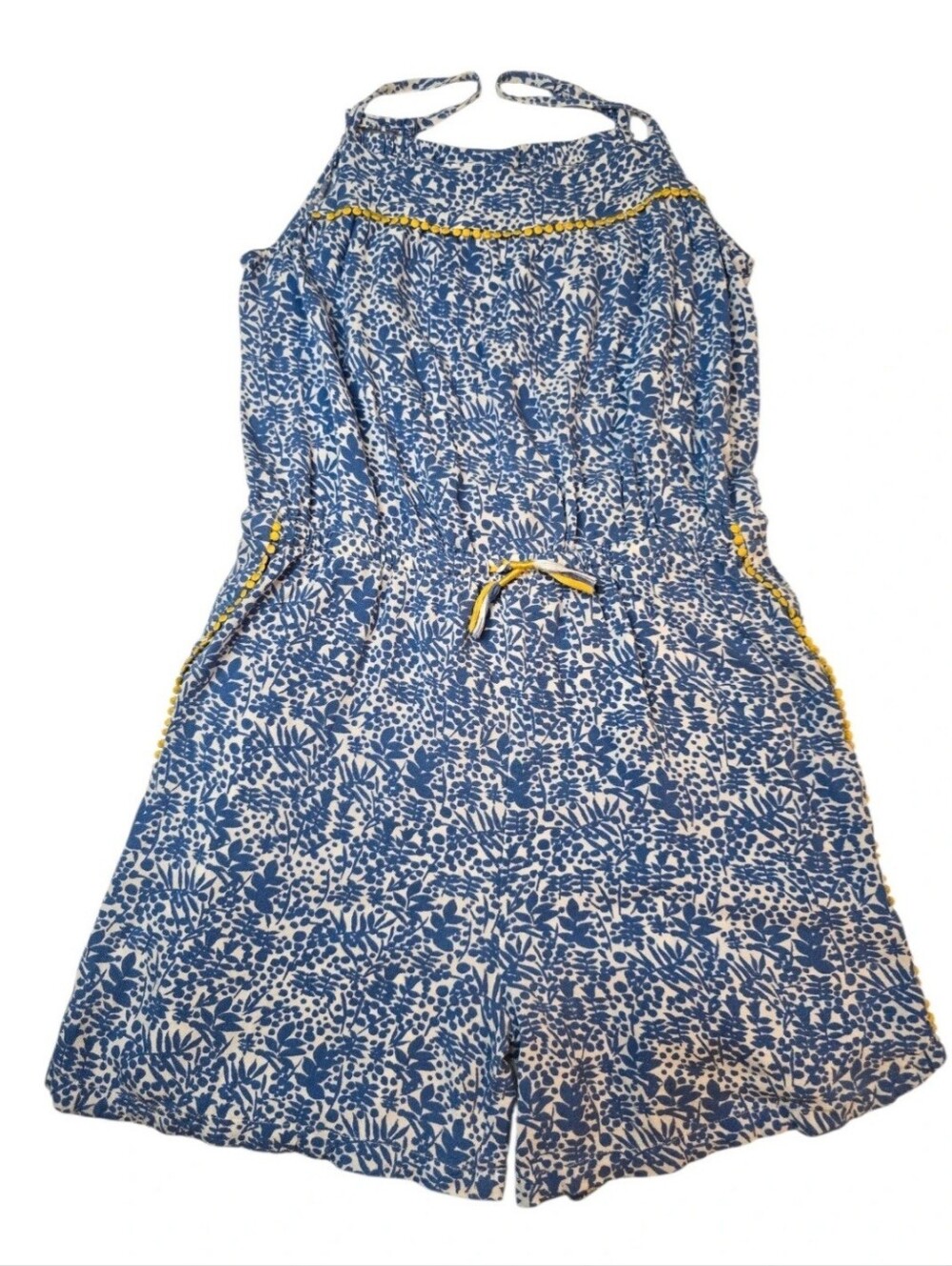 Boden Blue & White Floral Romper with Yellow Trim